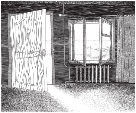 Interior of empty living room with open door and window. View of the sea boat and sand. Linear hand drawing.の写真素材