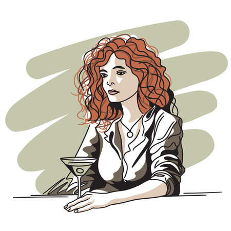 A young beautiful girl with red hair sits at a table with a glass of martini. Vector drawing by hand isolated on white background.のイラスト素材