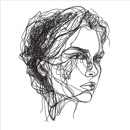 One line drawing. Graphic stylized portrait of a young beautiful girl isolated on a white background.のイラスト素材
