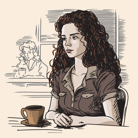A young beautiful curly brunette girl sits in a cafe at a table with a mug of coffee or tea. Freehand pencil sketch on beige background.のイラスト素材