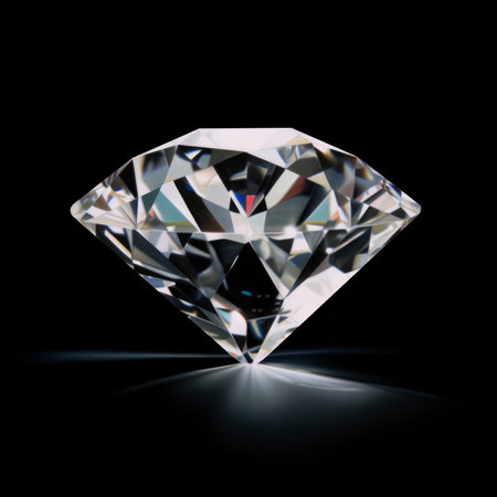 A large sparkling diamond refracting a ray of light on a black background.の素材