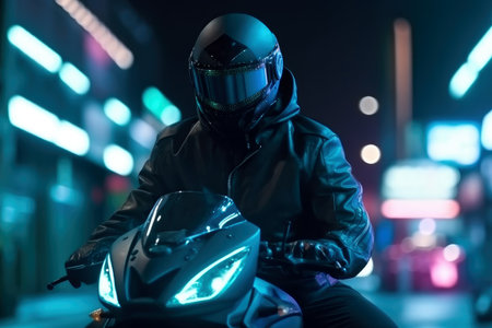 A motorcyclist in a helmet on a motorcycle rides through the night city. Cyberpunk style illustration.の素材