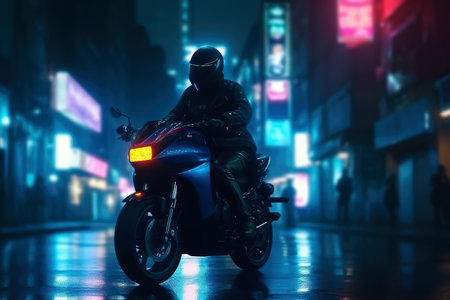 A motorcyclist in a helmet on a motorcycle rides through the night city. Cyberpunk style illustration.の素材