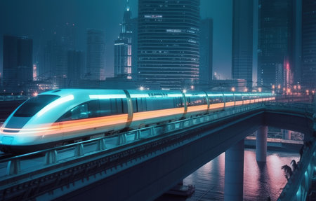High-speed electric train moves with great speed along the rails in the night city. AI generated cyberpunk illustration.の素材