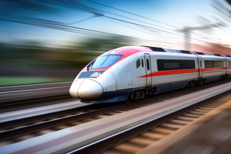 A high-speed train moves at high speed along the rails. AI generated illustration.の素材