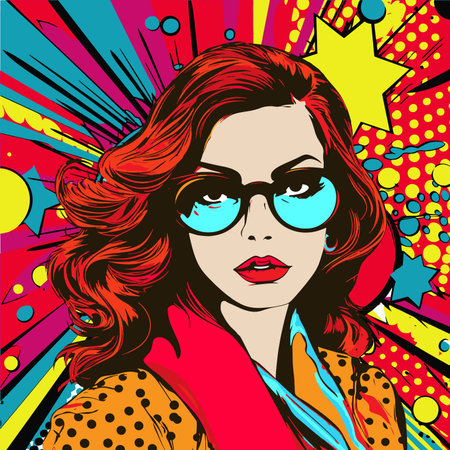 Portrait of a young beautiful fashion girl in glasses on a bright background in the style of pop art.のイラスト素材