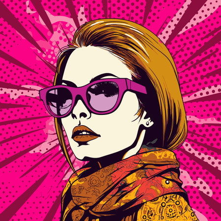 Portrait of a young beautiful fashion girl in glasses on a bright background in the style of pop art.のイラスト素材