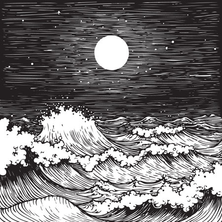 Night seascape of a stormy sea with moon and stars. Linear graphic drawing.のイラスト素材
