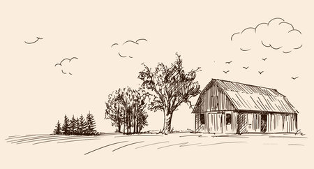 Countryside landscape with wooden barn. Fast pencil hand sketch on a beige background.のイラスト素材