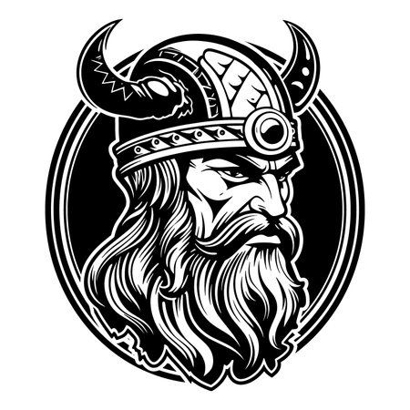 Head of a bearded viking with a formidable face in a helmet with horns isolated on a white backgroundのイラスト素材