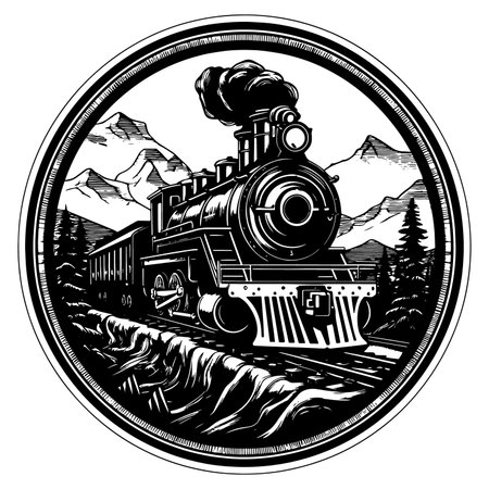 Old steam locomotive on rails. Vector logo isolated on white backgroundのイラスト素材