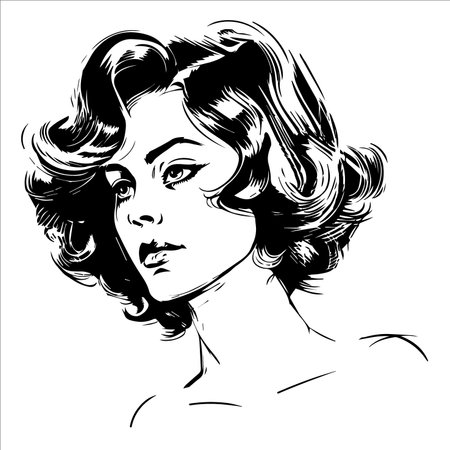 Vector portrait of a fashionable young beautiful girl with tousled hair. Black and white female portraitのイラスト素材