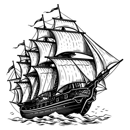 An old sailing ship on the sea waves. Vector drawing isolated on white background.のイラスト素材