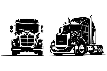 Modern truck with a trailer for cargo transportation. Black and white vector image isolated on white background.のイラスト素材