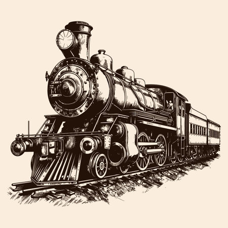Old steam locomotive on rails. Vector logo isolated on beige background