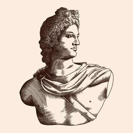 Bust of the ancient Greek and Roman god Apollo. Vector illustration in engraving style.のイラスト素材