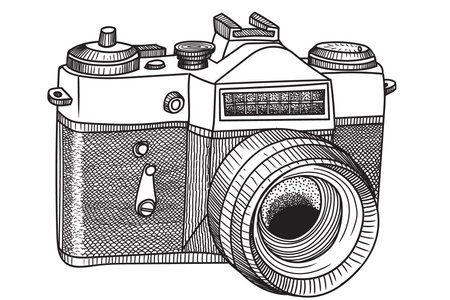 Film retro camera with lens isolated on white background. Primitive linear sketch. Drawing in...