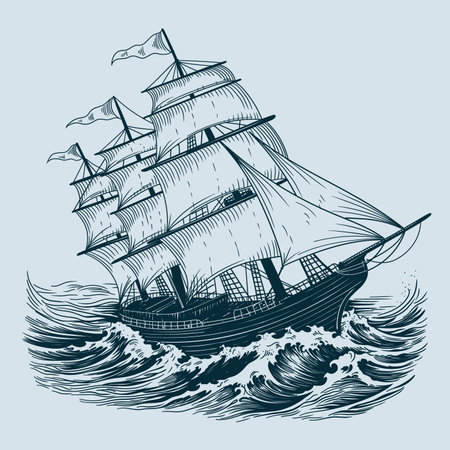 An old sailing ship on the sea waves. Vector drawing isolated on blue background.のイラスト素材