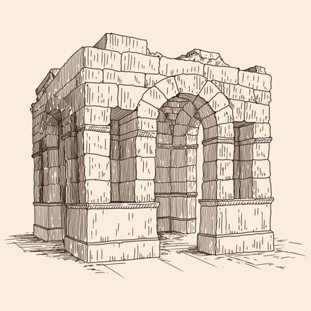 Ruins of an ancient Greek temple with with arches. Drawing in engraving style on a beige background.のイラスト素材
