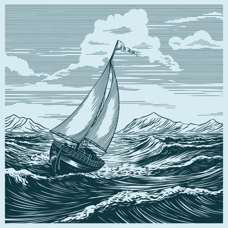 Seascape with a small sailing boat and mountains on the horizon. Strong wind, storm and big waves.