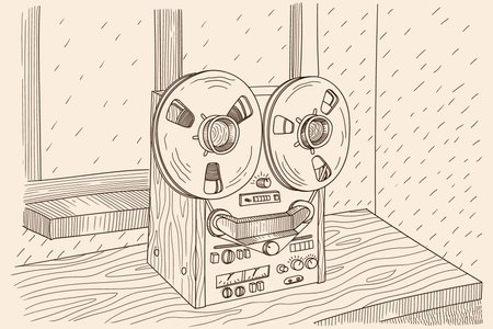 Vintage tape recorder for spool cassettes with magnetic tape.のイラスト素材