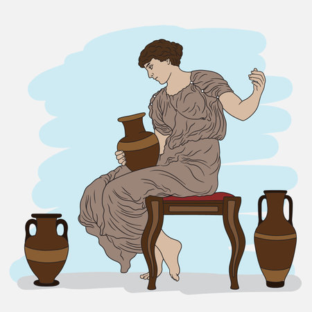 An ancient Greek woman sits on a chair and holds a jug of wine in her hands. Color illustrationのイラスト素材