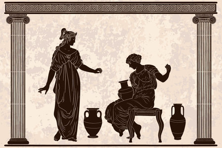An ancient Greek woman sits on a chair and holds a jug of wine in her hands and talking with her friend in a temple with columns. Two figures and a Greek meander ornament.のイラスト素材