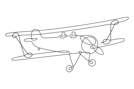 Airplane with a propeller and two wings flies in the sky. One line drawing. Continuous line without break.のイラスト素材