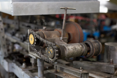 Chain transmission of two gears on production machinery. Parts of a production machine.の写真素材