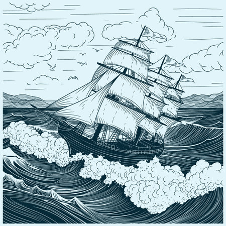 An old sailing ship on the sea waves. Vector drawing on blue background.