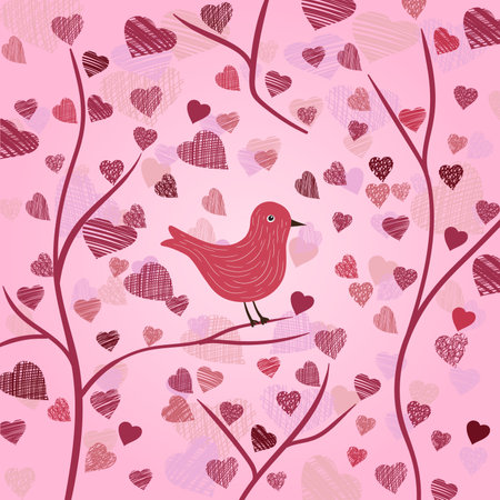 Valentines Day background with bird and colorful hearts for greeting cards and gift designのイラスト素材