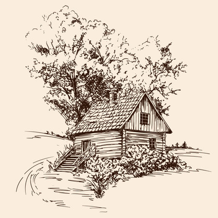 Rural landscape with an old wooden house and tree. Hand sketch on a beige background.のイラスト素材