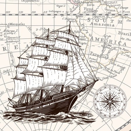 An old sailing ship on the sea waves against the background of an old South America mapのイラスト素材