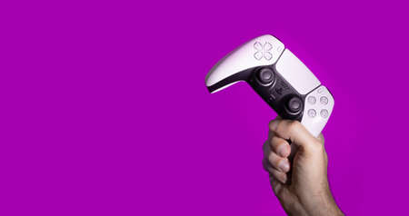 Playstation 5 controller on man hands, 22 Dec, 2020 - Sao Paulo, Brazilのeditorial素材