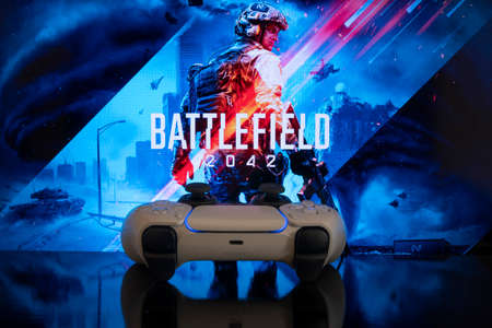 Battlefield 2042 on TV screen with Playstation 5 controller. 10th Jun, 2021, Sao Paulo, Brazil