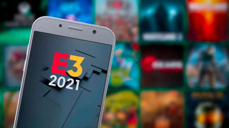 E3 logo on smartphone screen. This year, the most famous game event is 100% online, 9th Jun, 2021, Sao Paulo, Brazilのeditorial素材