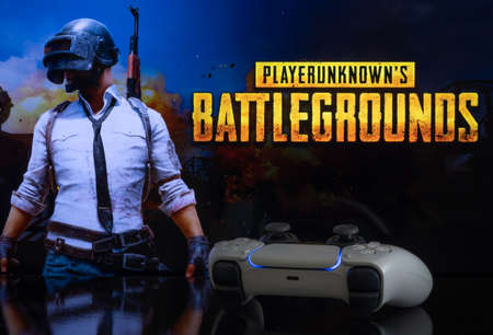 PUBG on Playstation 5 screen with Dual Sense controller, 15th Jan, 2021, Sao Paulo, Brazilのeditorial素材
