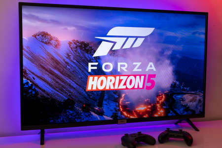 Forza Horizon 5 on TV screen. Forza 5 is the most anticipated car game of the year. 5th Jul, 2021,...
