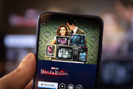 WandaVision series on Disney Plus App on smartphone screen. Feb 17, 2021, Sao Paulo, Brazilのeditorial素材