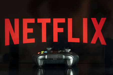 Netflix logo on TV screen with Xbox game controller, 24th Aug, 2021, Sao Paulo, Brazil