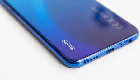 Blue Redmi Note 8 in close view - selective focus, Sao Paulo, Brazil, 29/09/2020のeditorial素材