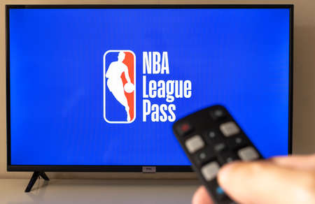 Sao Paulo/SP/Brazil - 08/01/2020: NBA app screen on smart TV with remote control pointing to tvのeditorial素材