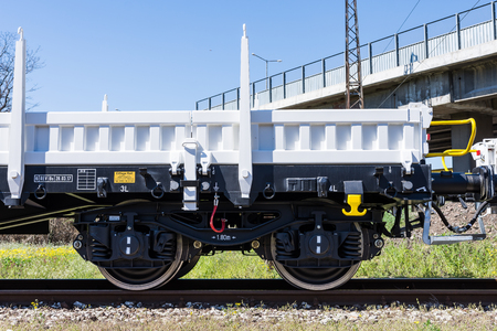 Burgas, Bulgaria - March 20, 2017 - Freight cargo train - 4axled flat wagon Type:Rens Model:192, B - Transvagon ADのeditorial素材