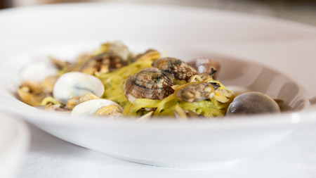 clam spaghetti, at the restaurantの写真素材