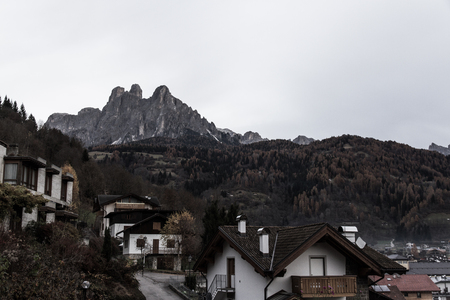 Beautiful view of Pale di San Martino in the italian Dolomites with blue cloudy sky. Fiera di Primieroのeditorial素材