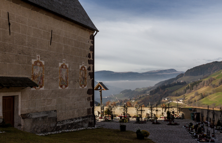 Typical South Tyrolean Cemetery With Valley And Mountains In The Background, Dolomitesのeditorial素材
