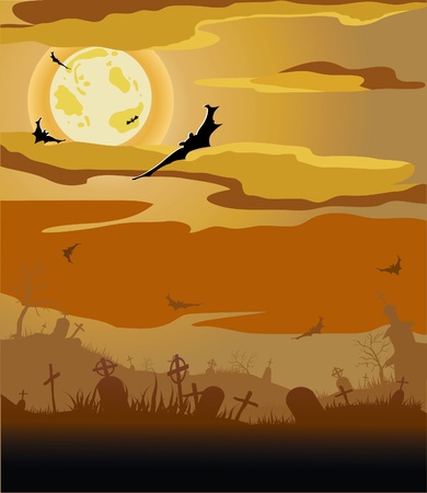 Halloween night (bat,grave, gravestone, graveyard, moon, house, tree)のイラスト素材