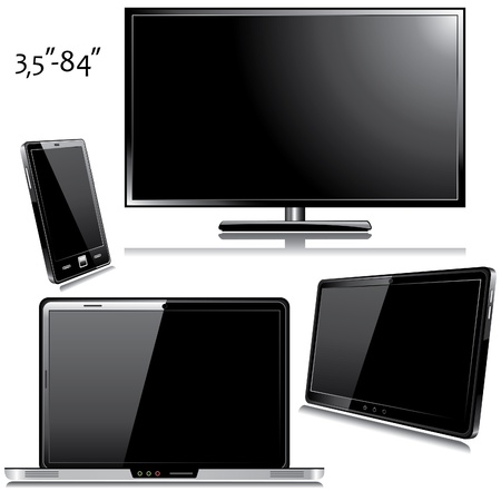 Set of computer devices - laptop, monitor, tablet PC, smartphone with black screens  Isolated on white backgroundのイラスト素材