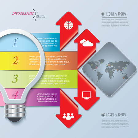 Creative infographic design with bulb, numbers and world map, can be used for business brochure, presentation template, education, travelのイラスト素材
