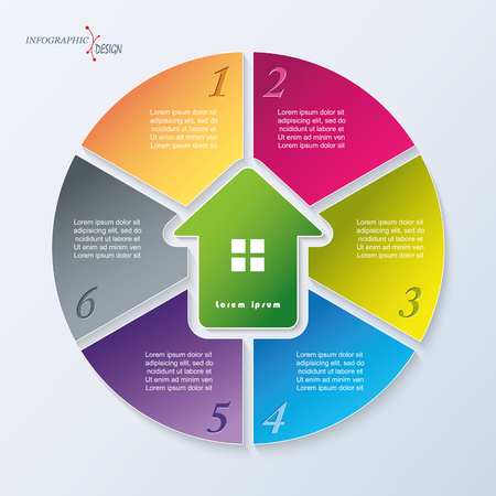 Real estate Infographic template for project or presentation with 6 segments, green house icon. Vector illustration can be used for web design, workflow or graphic layout, diagram, education, posterのイラスト素材